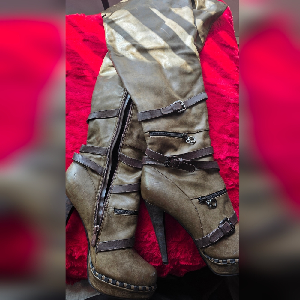Olive Brown Strappy High-Heel Knee Boots